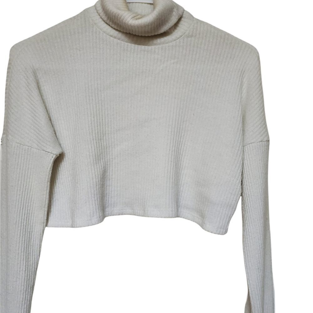 Publik White Ribbed Cropped Turtleneck Sweater Small